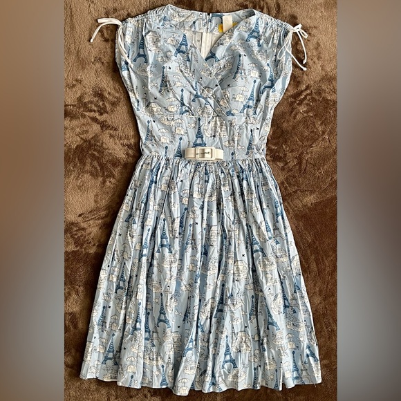 SOLD | ModCloth x Bernie Dexter Blue Sophie Dress Eiffel Tower Poodle SMALL - Picture 2 of 12
